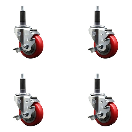 Service Caster 3.5'' SS Red Poly Swivel 1'' Expanding Stem Caster Set with Brake, 4PK SCC-SSEX20S3514-PPUB-RED-TLB-1-4